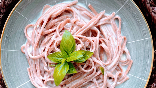 Beetroot Spaghetti in Creamy White Sauce