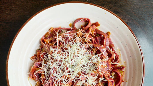 Black Carrot Fettuccine in Oven-Roasted Tomato and Garlic Sauce