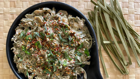 Creamy Spinach Fettuccine in Mushroom Garlic Cheese Sauce