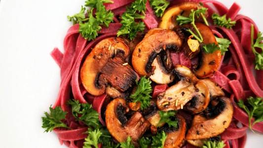 Beetroot Fettuccine with Saute Mushrooms & Herbs