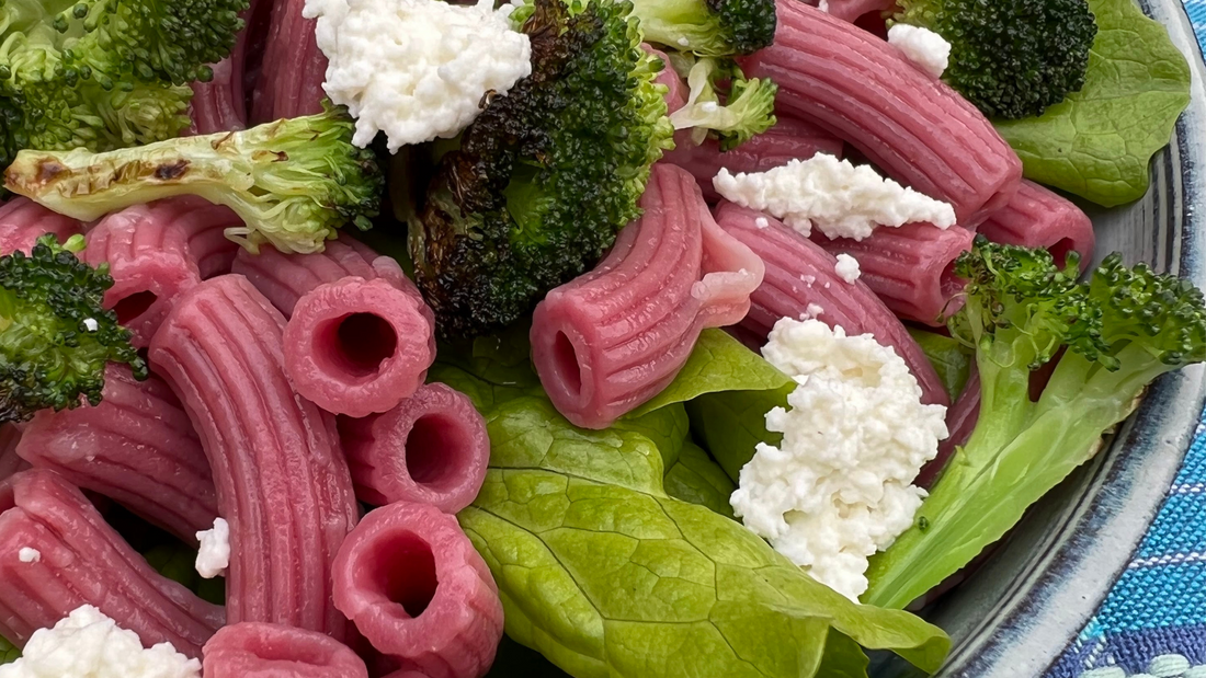 Beetroot Rigatoni Salad with Broccoli and Cheese