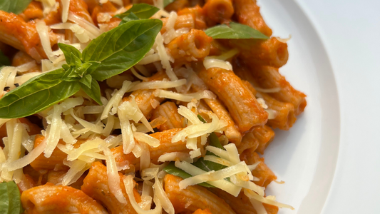Wholewheat Rigatoni in Red Sauce with Cheese and Basil