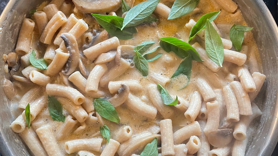 Wholewheat Rigatoni Extravaganza with Beer, Cheese, and Mushrooms